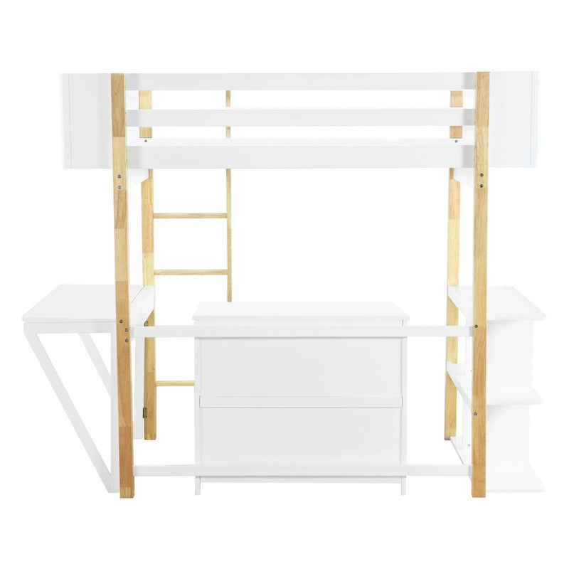 Lit mezzanine double en bois avec armoire et rangements cubiques