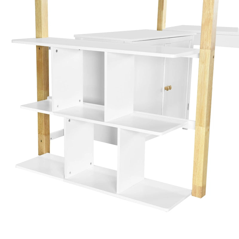 Lit mezzanine double en bois avec armoire et rangements cubiques