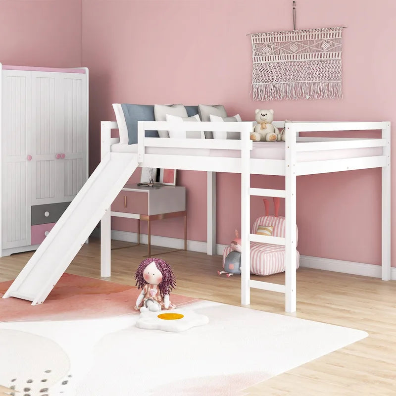 Lit mezzanine blanc pleine grandeur avec toboggan et échelle