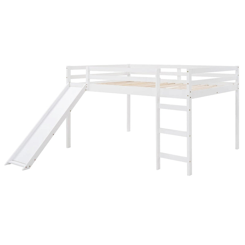 Lit mezzanine blanc pleine grandeur avec toboggan et échelle