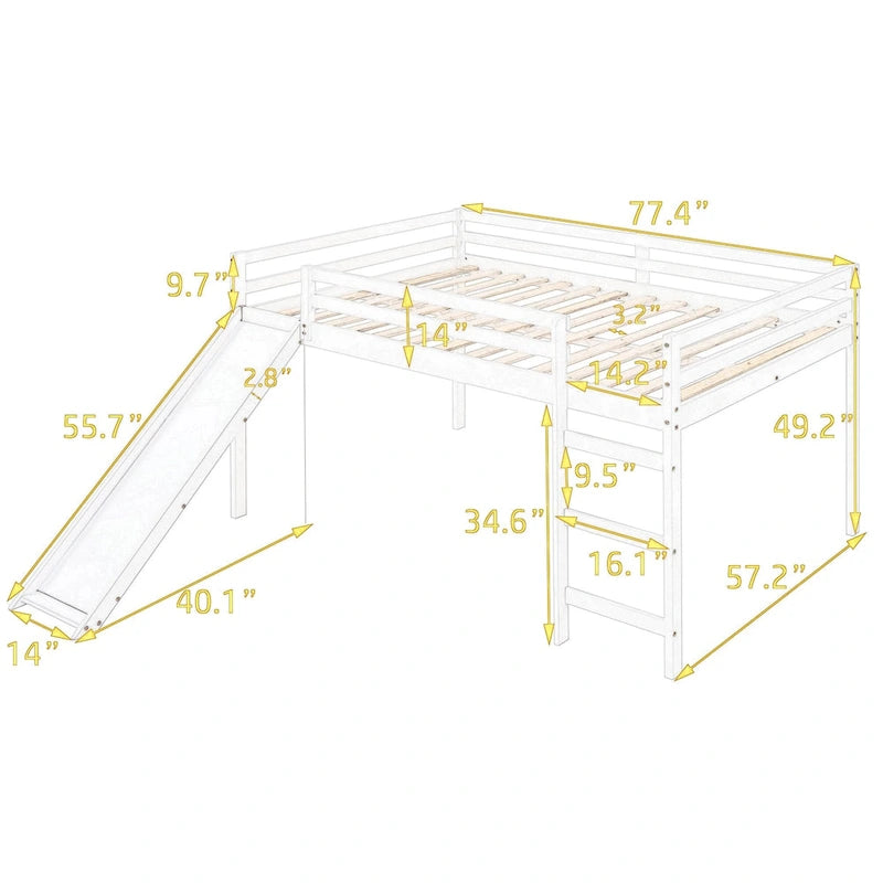 Lit mezzanine blanc pleine grandeur avec toboggan et échelle