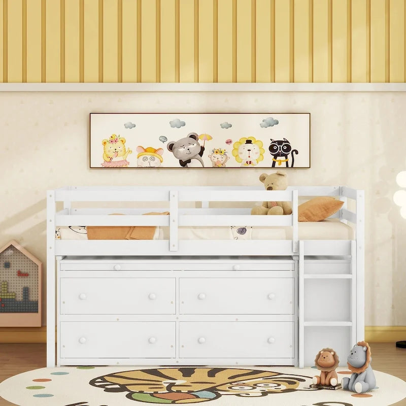 Twin Size Loft Bed with Writing Desk and 4 Drawers