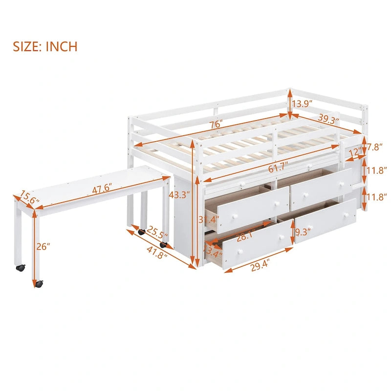 Twin Size Loft Bed with Writing Desk and 4 Drawers