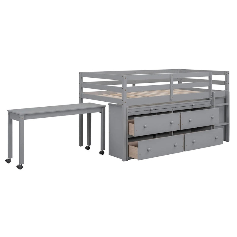 Twin Size Loft Bed with Writing Desk and 4 Drawers