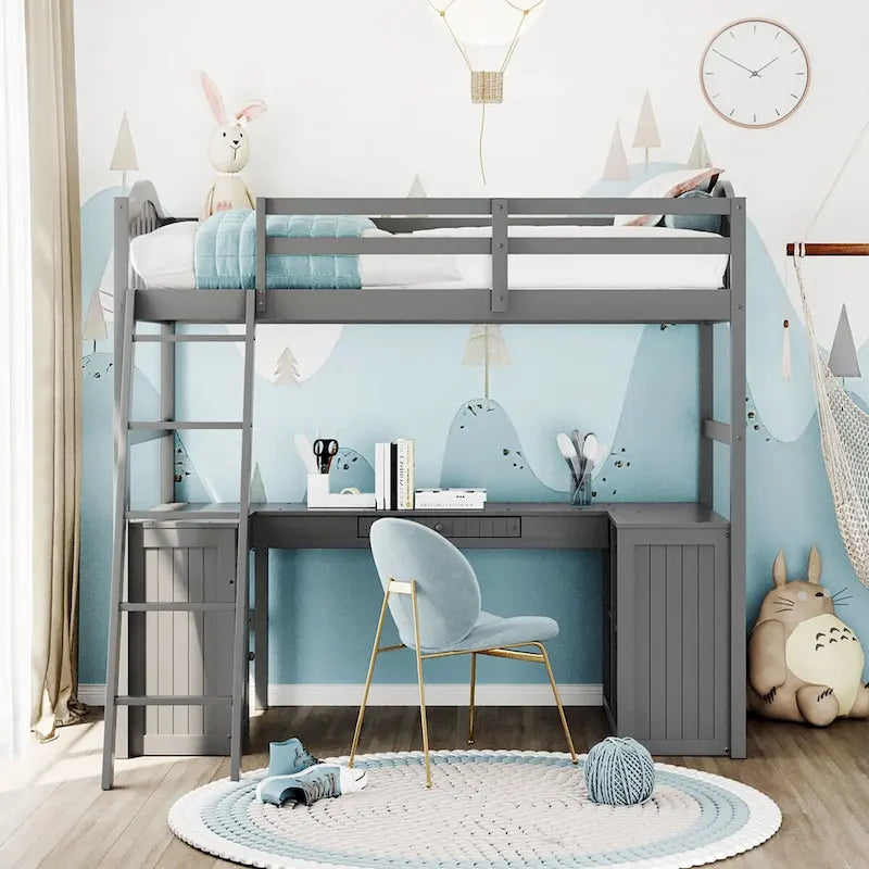 Twin Loft Bed with Drawers, Cabinet, Shelves and Desk