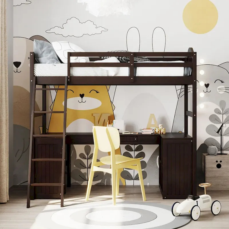 Twin Loft Bed with Drawers, Cabinet, Shelves and Desk