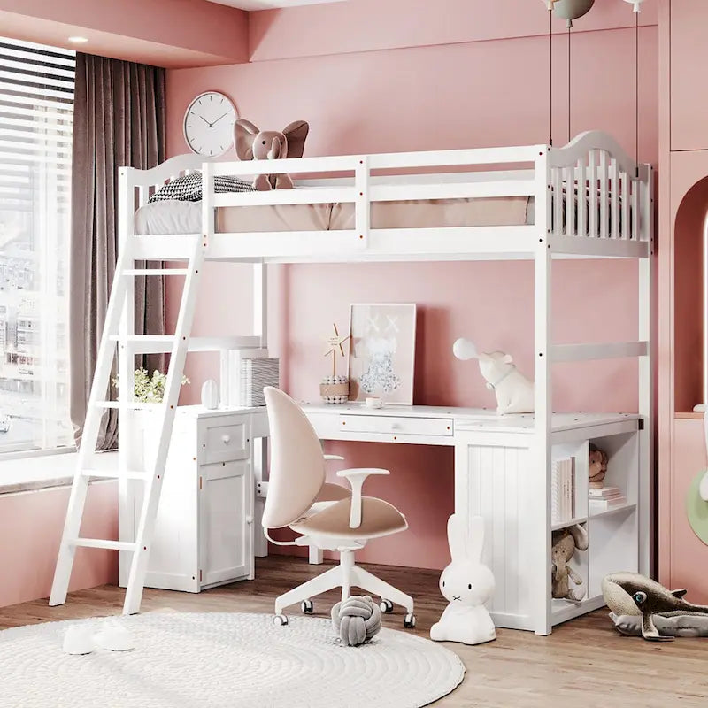 Twin Loft Bed with Drawers, Cabinet, Shelves and Desk