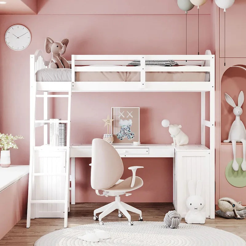 Twin Loft Bed with Drawers, Cabinet, Shelves and Desk