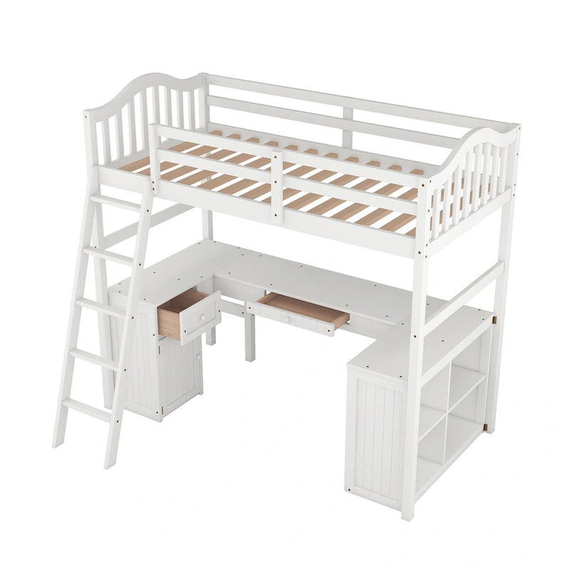 Twin Loft Bed with Drawers, Cabinet, Shelves and Desk