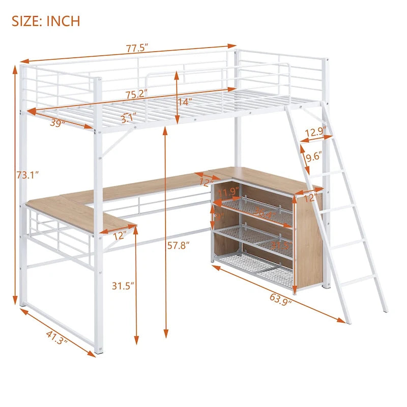 Lit mezzanine simple en métal avec bureau en L, 3 étagères et échelle réversible