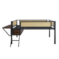 Metal Double Bed Loft Bed with Rectangular Desk, LED Lights