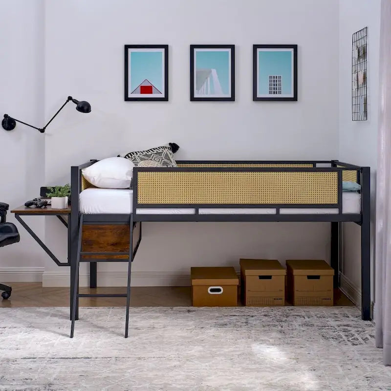 Lit double mezzanine en métal avec bureau rectangulaire et lumières LED