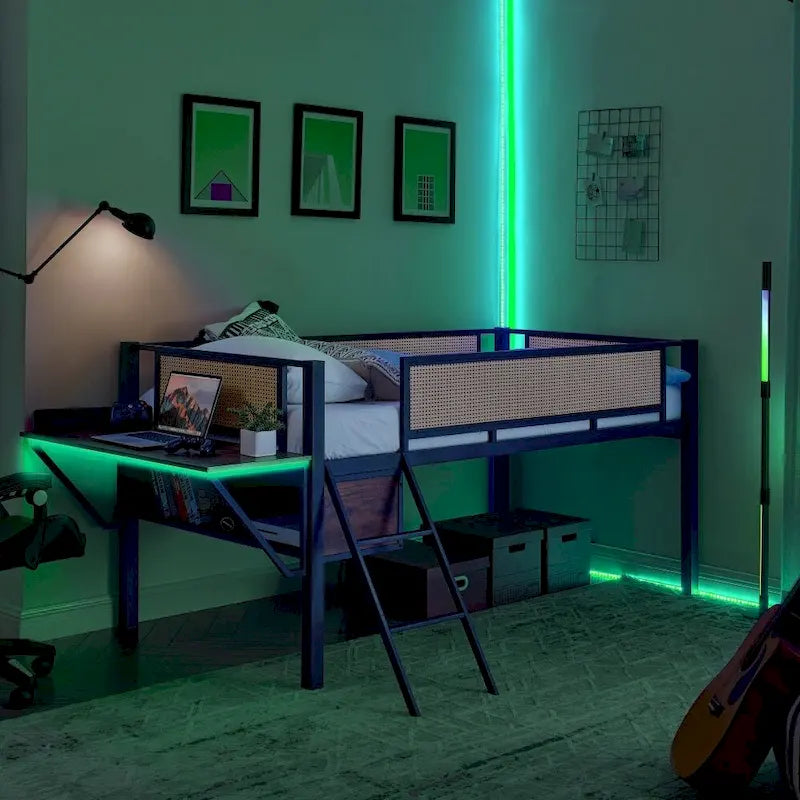 Lit double mezzanine en métal avec bureau rectangulaire et lumières LED