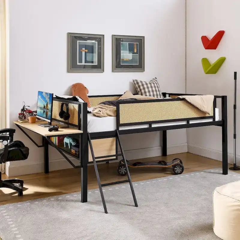 Lit double mezzanine en métal avec bureau rectangulaire et lumières LED