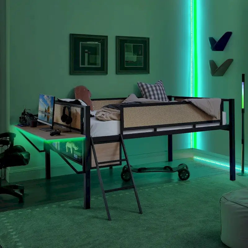 Lit double mezzanine en métal avec bureau rectangulaire et lumières LED