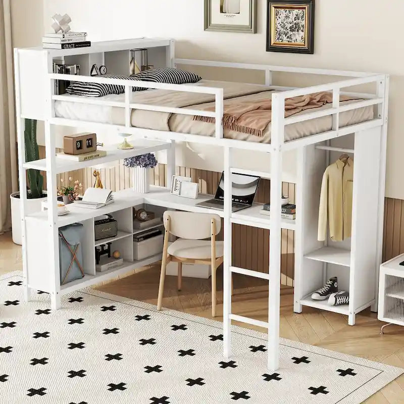 Modern Metal Full Size Loft Bed with Wardrobe and L-Shaped Desk