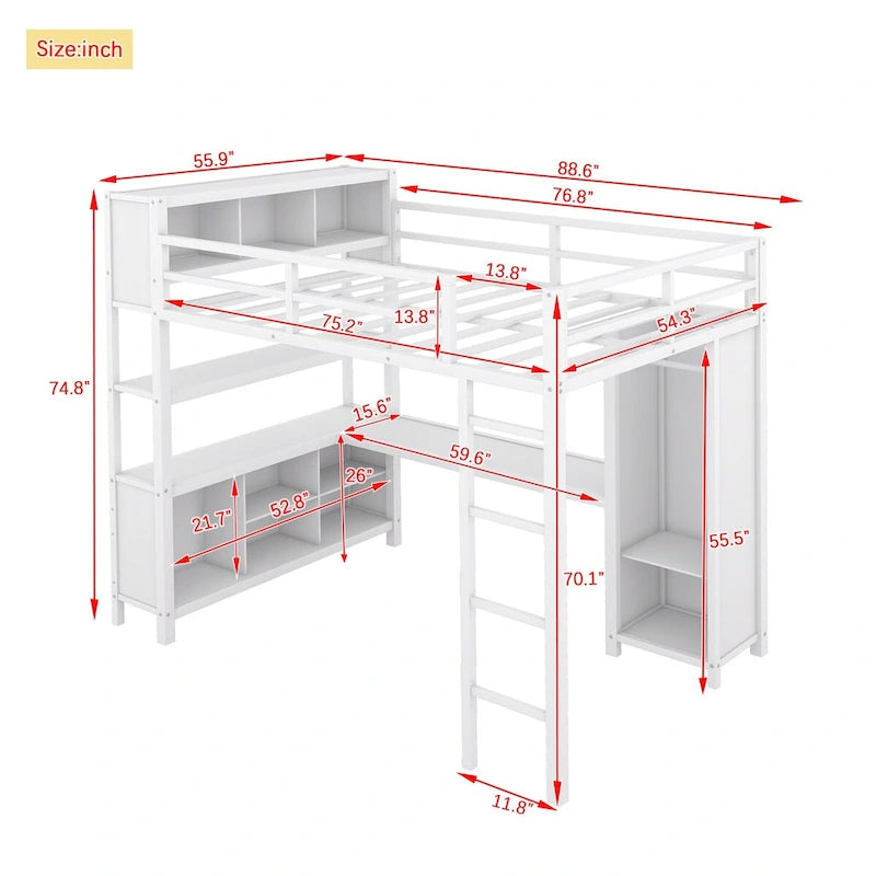 Modern Metal Full Size Loft Bed with Wardrobe and L-Shaped Desk