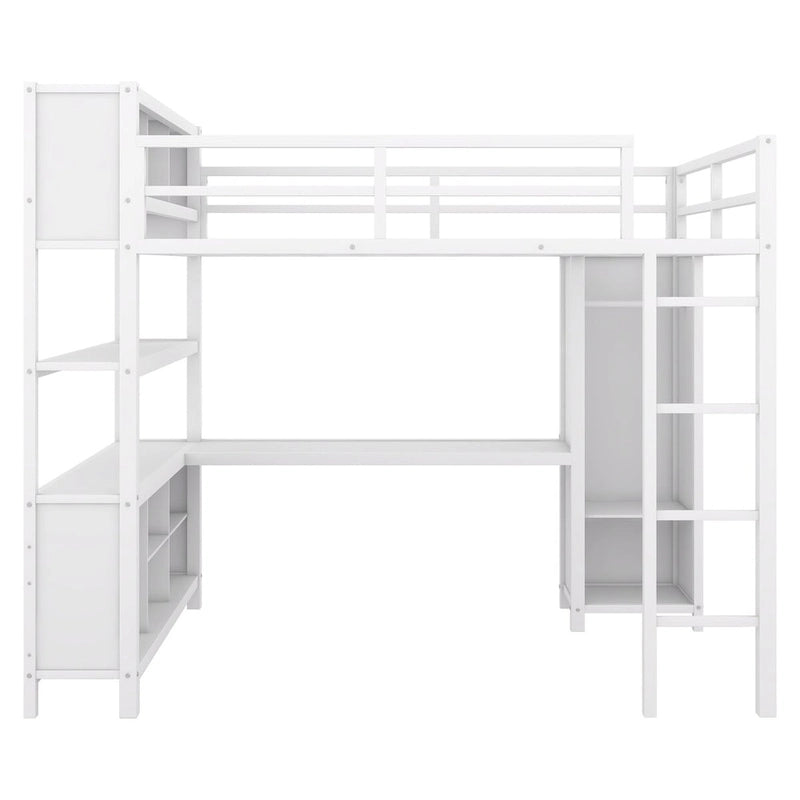 Modern Metal Full Size Loft Bed with Wardrobe and L-Shaped Desk