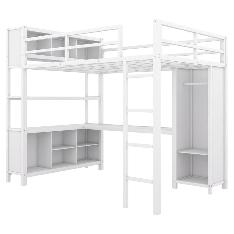 Modern Metal Full Size Loft Bed with Wardrobe and L-Shaped Desk