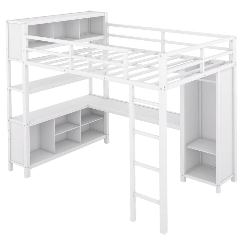 Modern Metal Full Size Loft Bed with Wardrobe and L-Shaped Desk