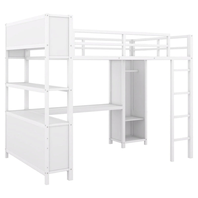Modern Metal Full Size Loft Bed with Wardrobe and L-Shaped Desk