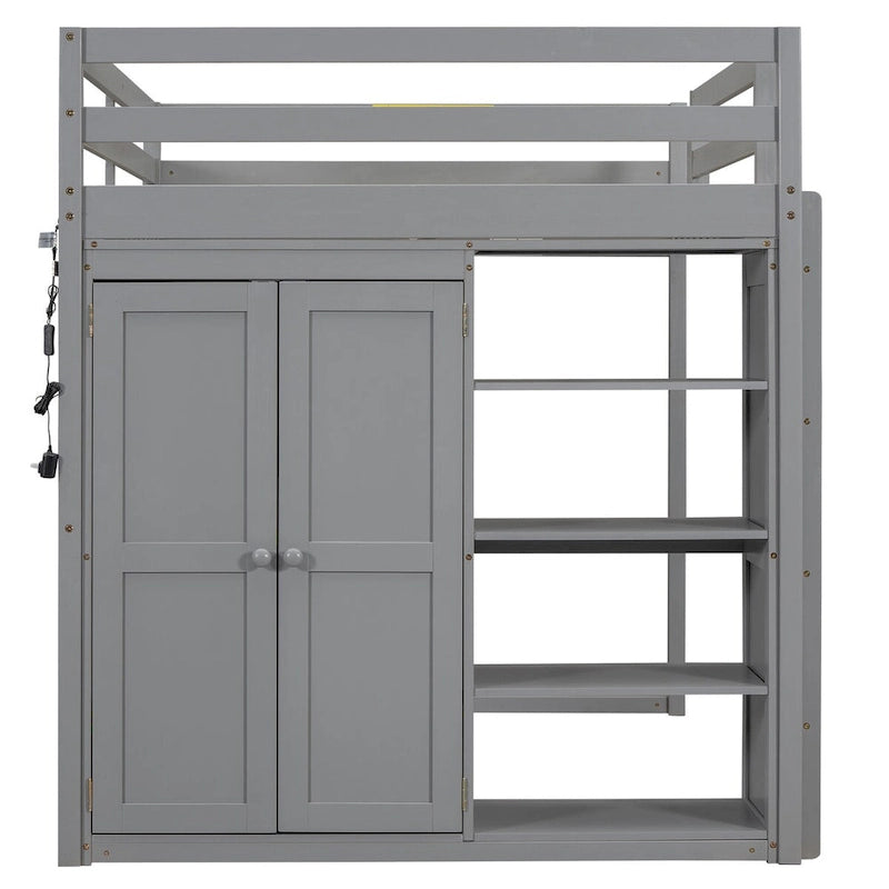 Lit mezzanine pleine grandeur avec armoire intégrée, étagères de rangement et éclairage LED