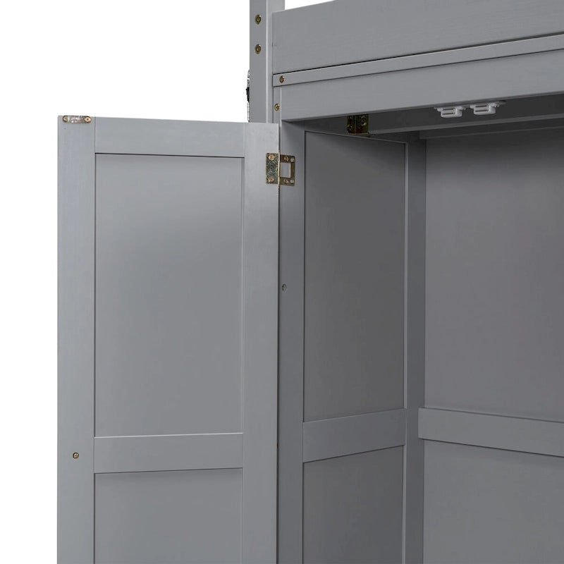 Lit mezzanine pleine grandeur avec armoire intégrée, étagères de rangement et éclairage LED