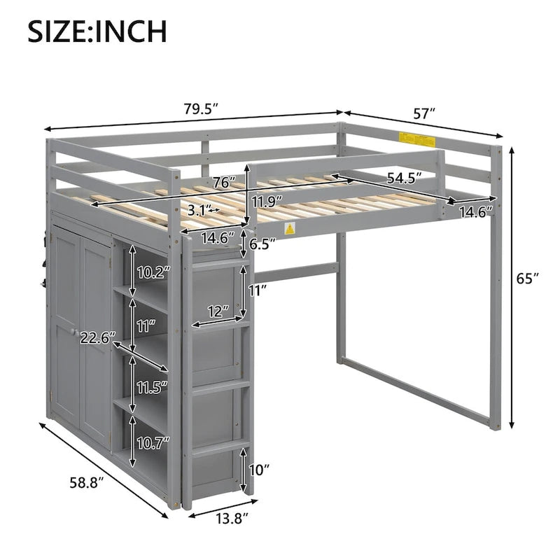 Lit mezzanine pleine grandeur avec armoire intégrée, étagères de rangement et éclairage LED